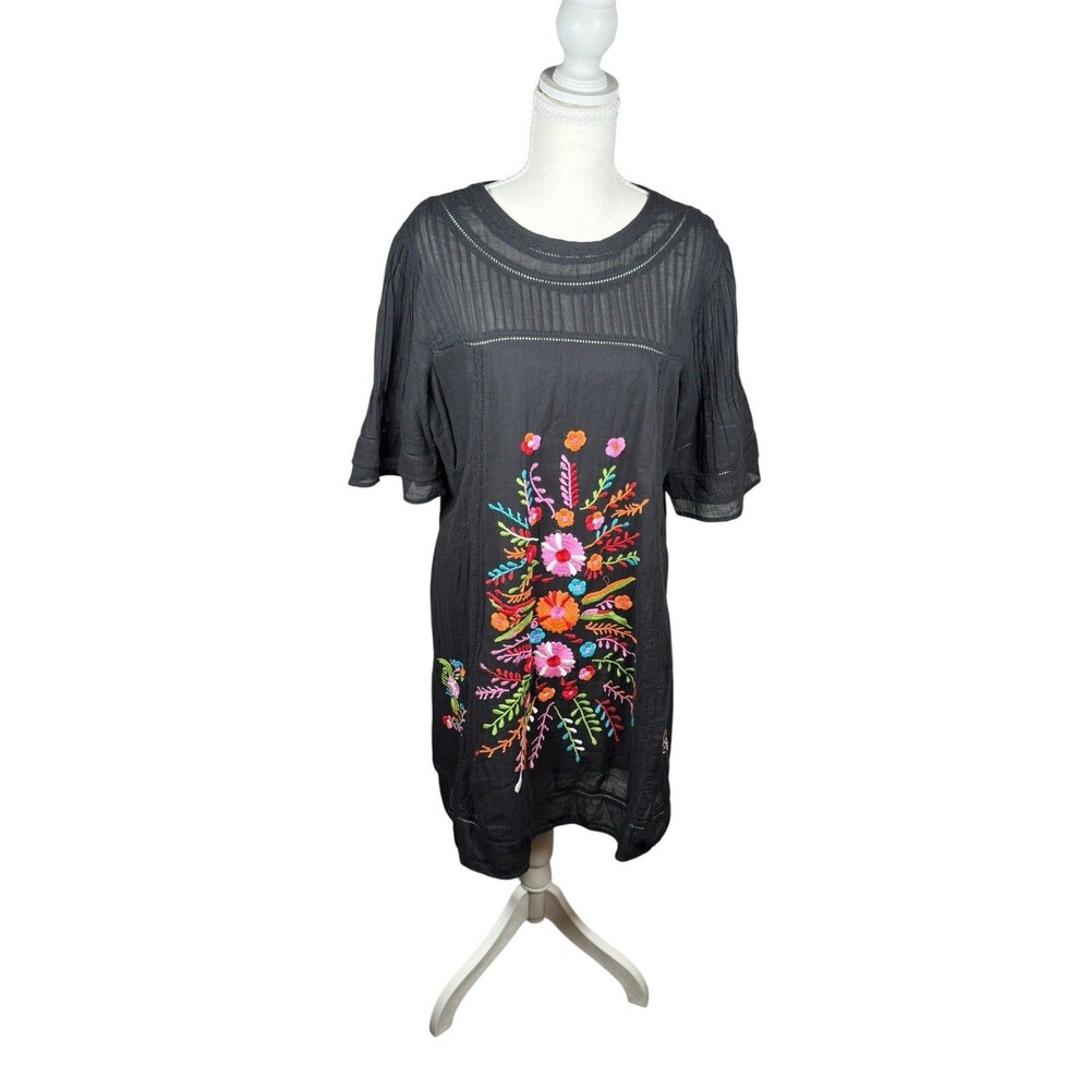 Ivy Jane Boho Embroidered Tunic Dress M Black Floral Festival Peasant